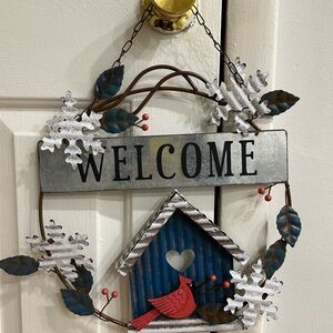 Welcome Holiday Wreath with Blue Birdhouse and Red Cardinal